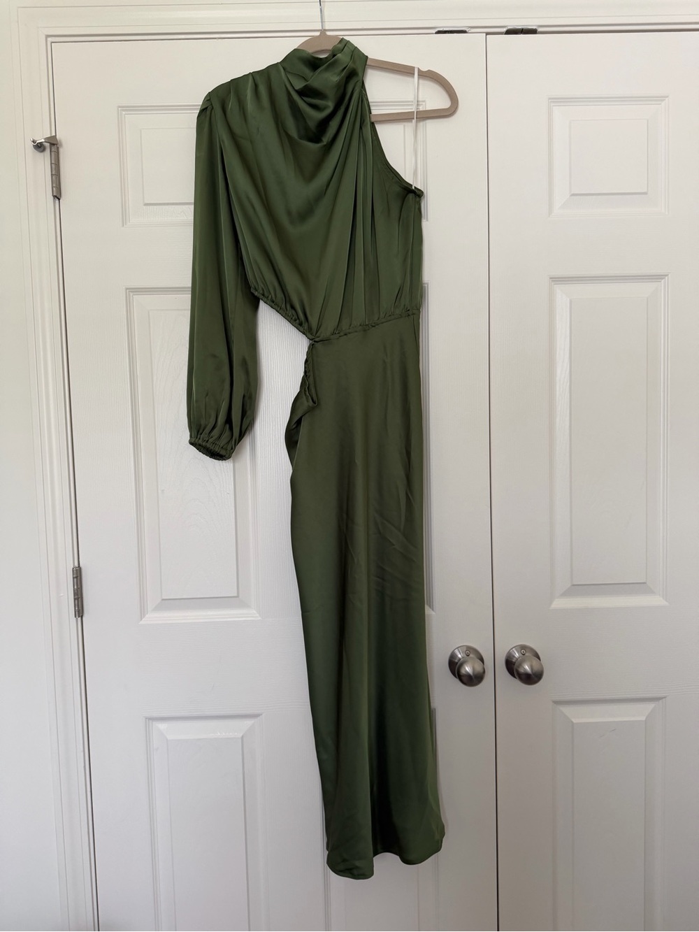 Petal & Pup Olive Satin One-Shoulder Midi/Maxi Dress NWOT